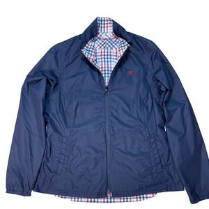 M Ariat Reversible Windbreaker Jacket Navy Blue Plaid Full Zip Womens Mock Neck